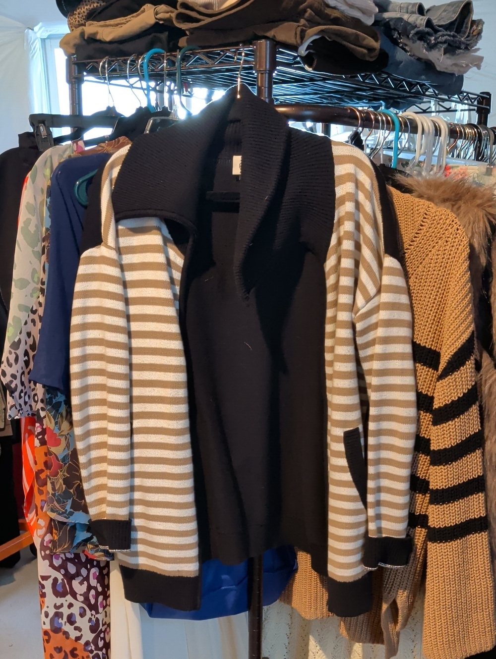 CAbi Striped Tan and White Open Front Cardigan with Black Trim